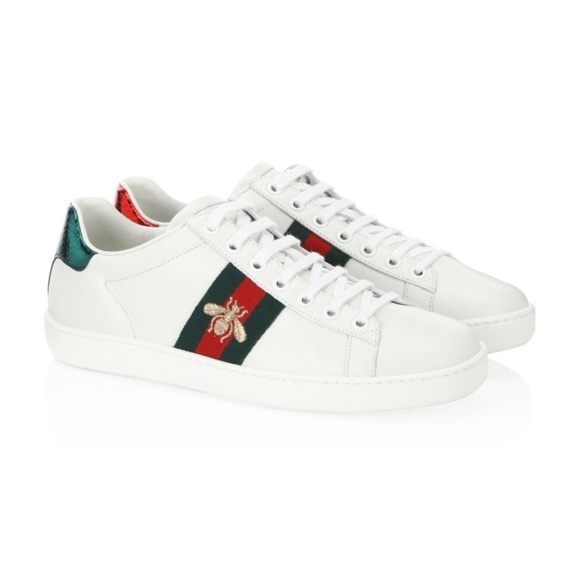 Gucci Ace Embroidered Sneakers White Leather Web Stripe Bee Green Red Size 5.5 - Picture 1 of 14